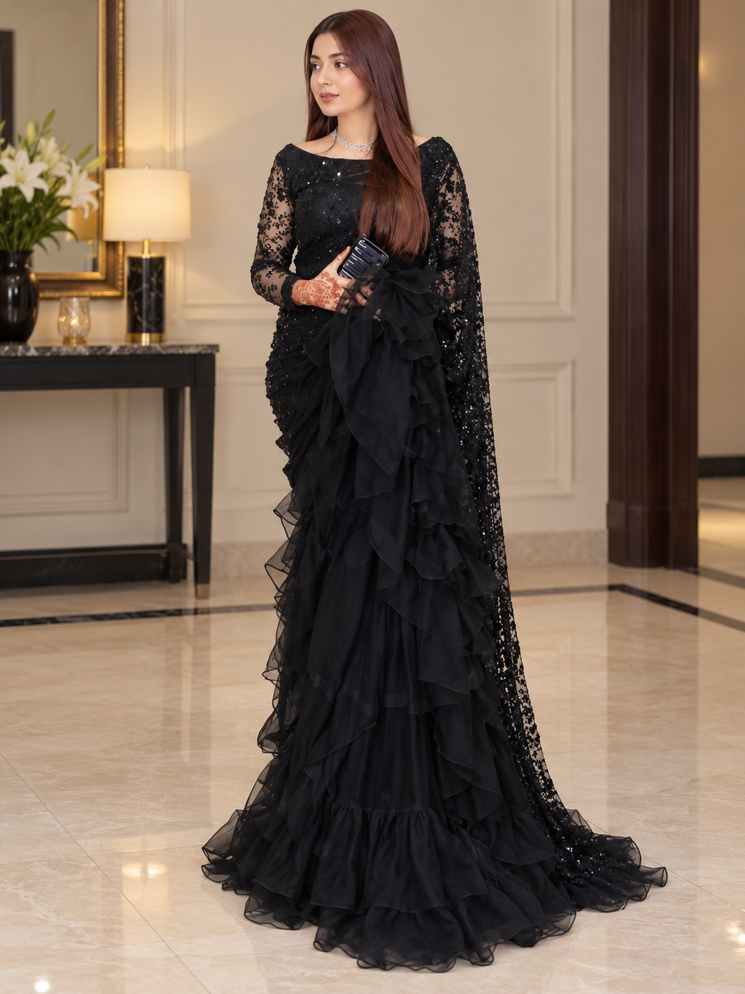 Black Fancy Chiffon Frill Saree