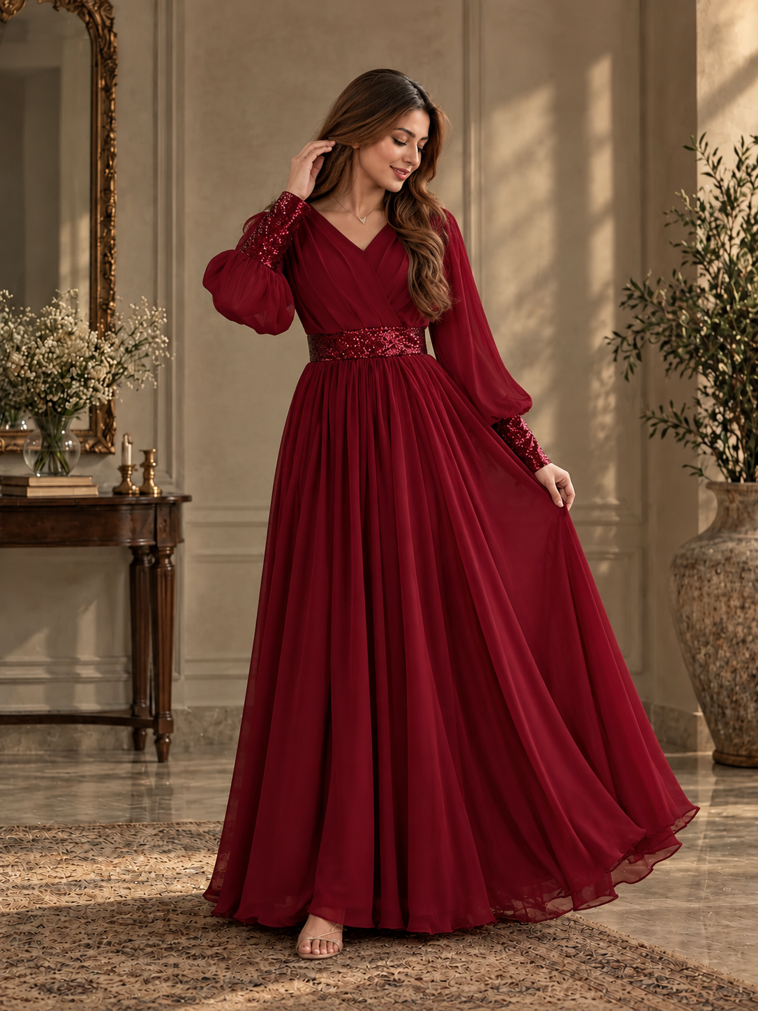 Maroon Neck Plated Sequin Cuff Maxi