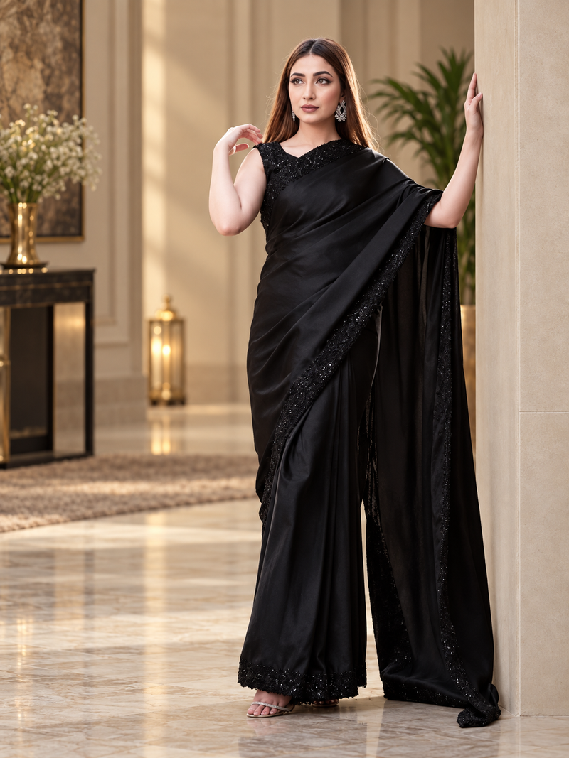 Black Silk Saree With Sequin Blouse & Borders