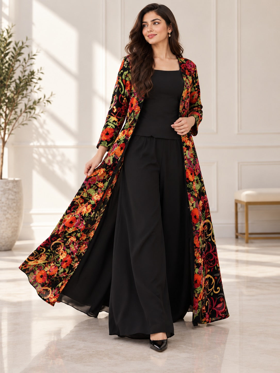 Black Jumpsuit With Floral Gown
