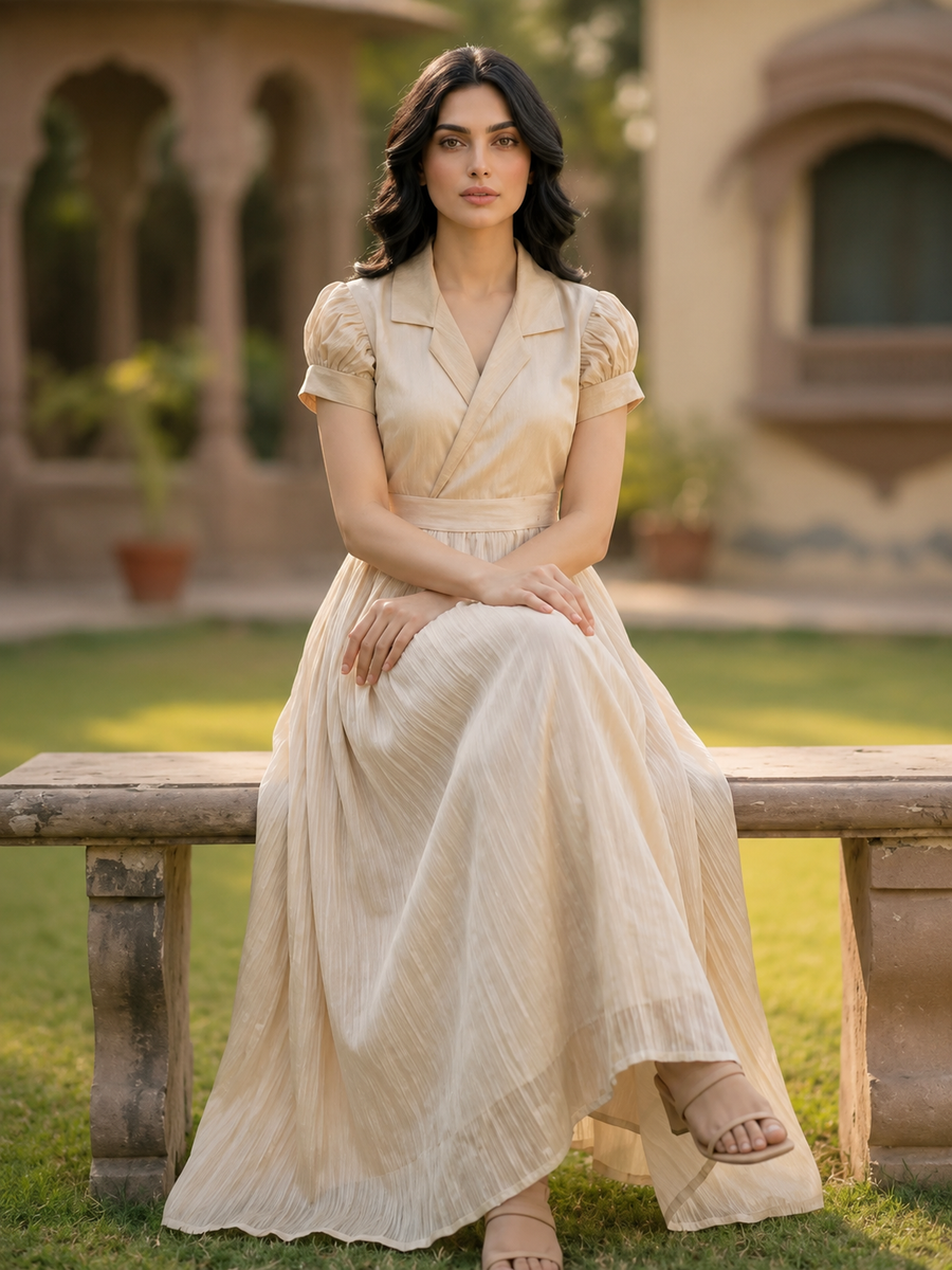 Beige Platted Coat Collar Style Maxi