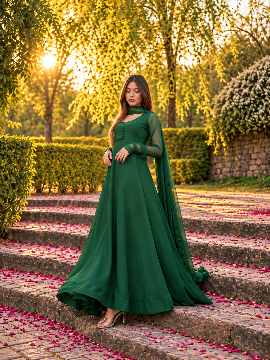Bottle Green Heavy Flare Maxi With Dupatta