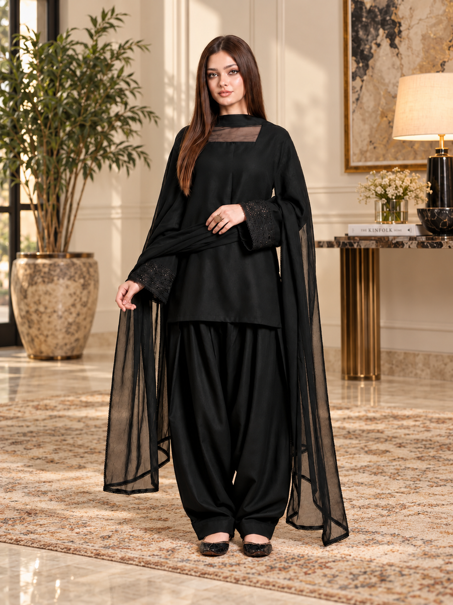 Black Stylish Farshi Dress (03 Piece)
