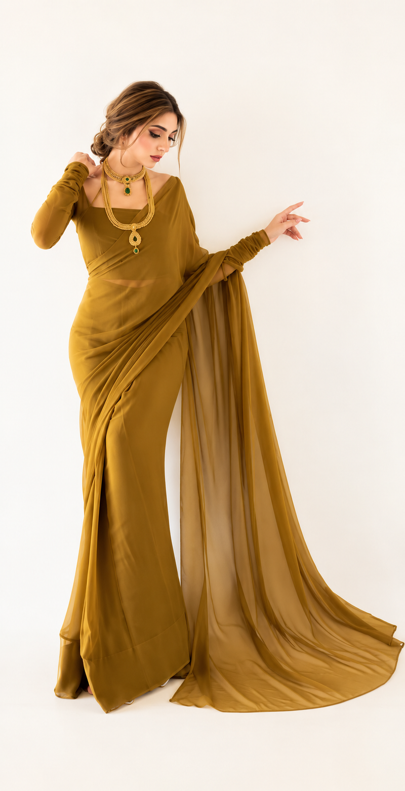 Stitched Golden Brown Chiffon Saree