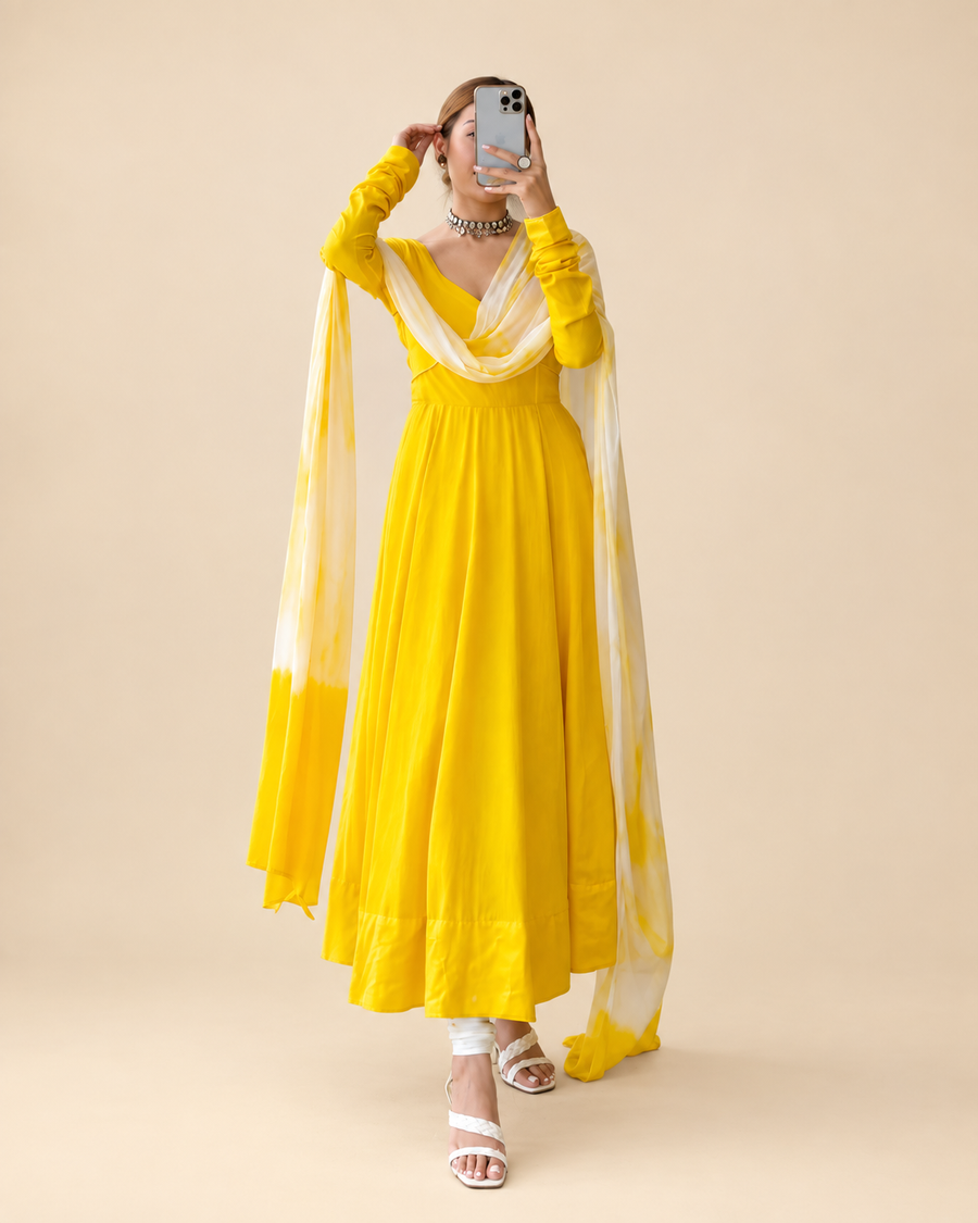 Yellow Chiffon Anarkali Dress (03 Piece)