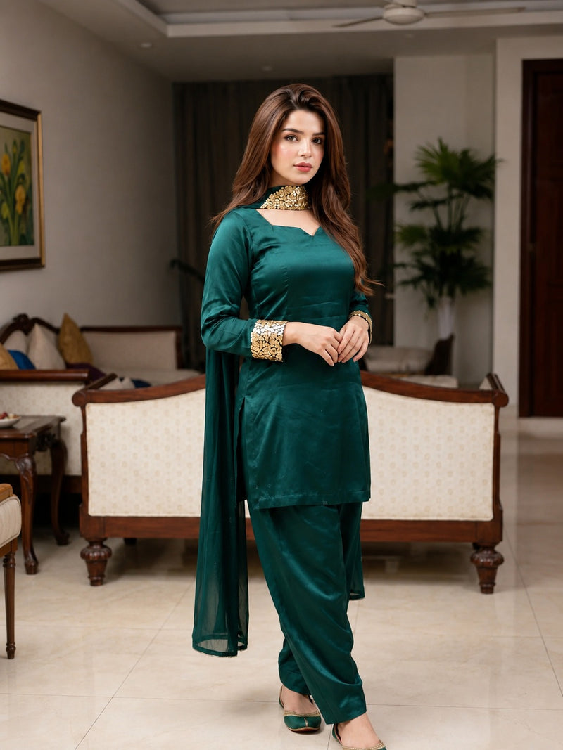 Bottle Green Dress With Gold Sequin Touch