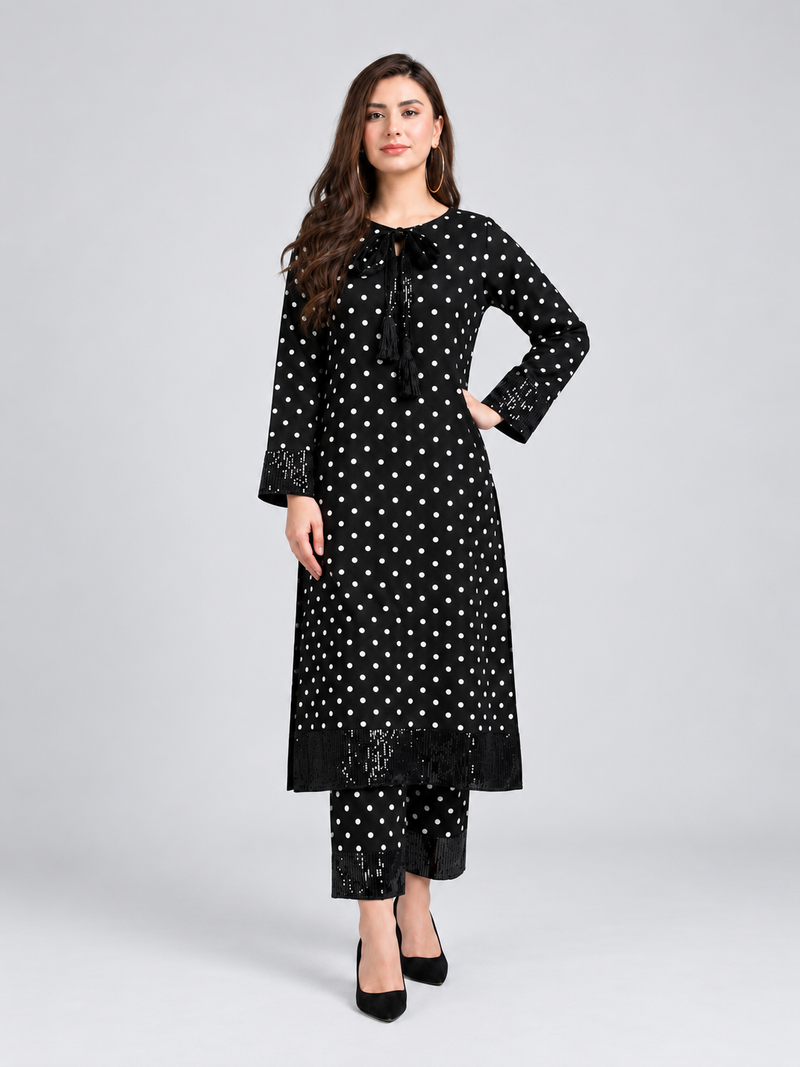 Women’s Sparkle Black Polka Dot Dress (02 Piece)