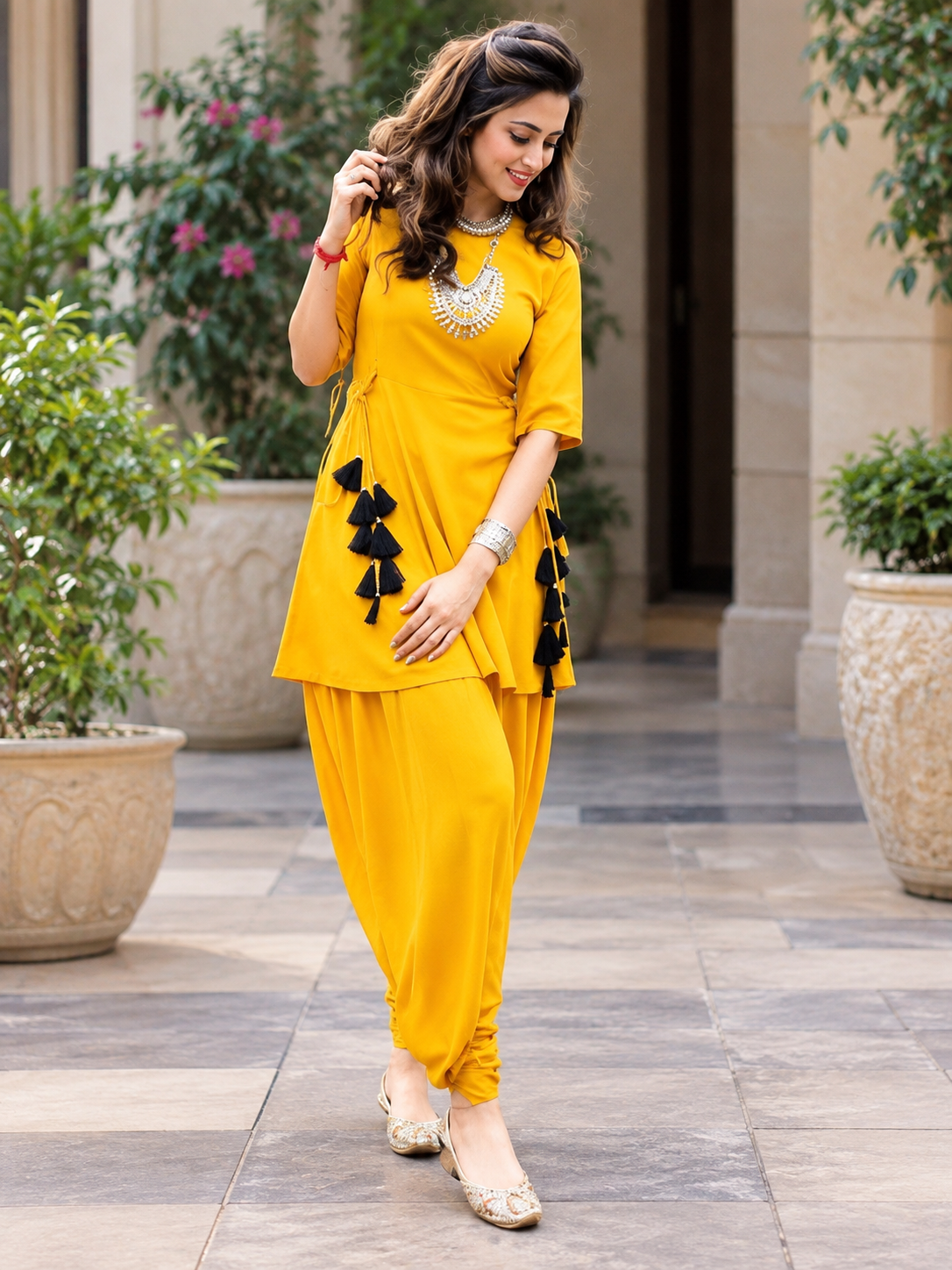 Yellow Dress With Black Tussels