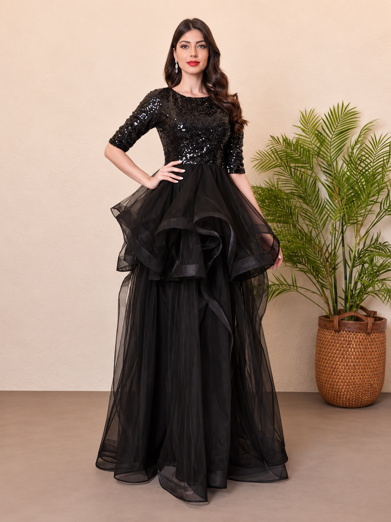 Women’s Sequin Short Sleeves Tulle Puff Maxi