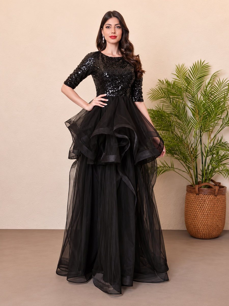 Women’s Sequin Short Sleeves Tulle Puff Maxi