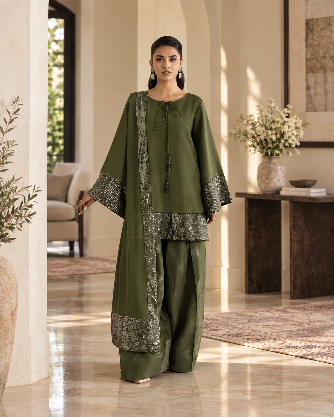 Women’s Green Silk & Sequin Farshi Dress (03 Piece)