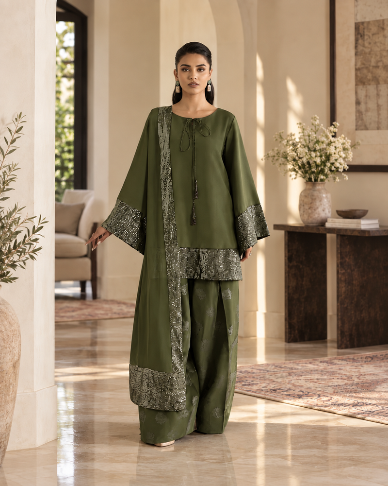 Women’s Green Silk & Sequin Farshi Dress (03 Piece)