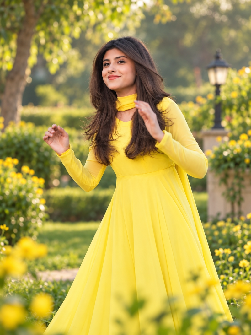 Lemon Chiffon Heavy Flare Maxi With Dupatta