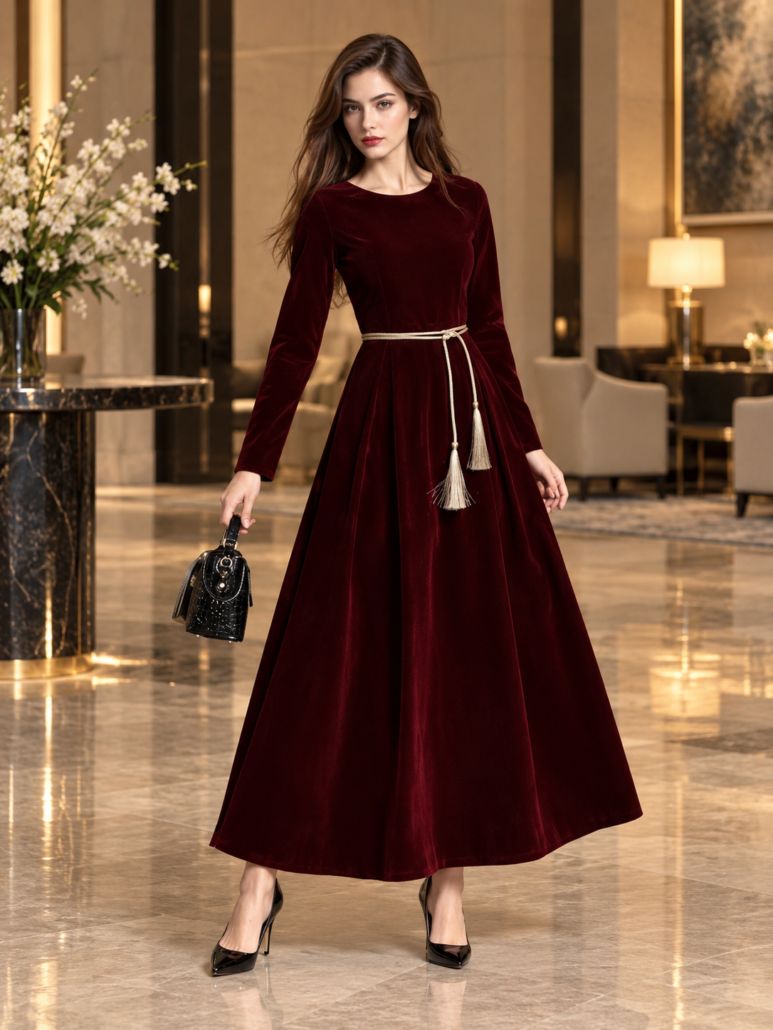 Maroon Velvet Maxi With Golden Rope