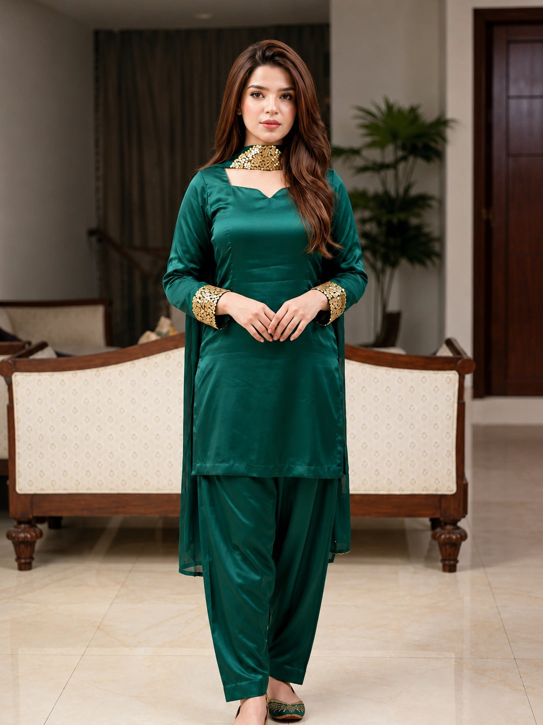 Bottle Green Dress With Gold Sequin Touch