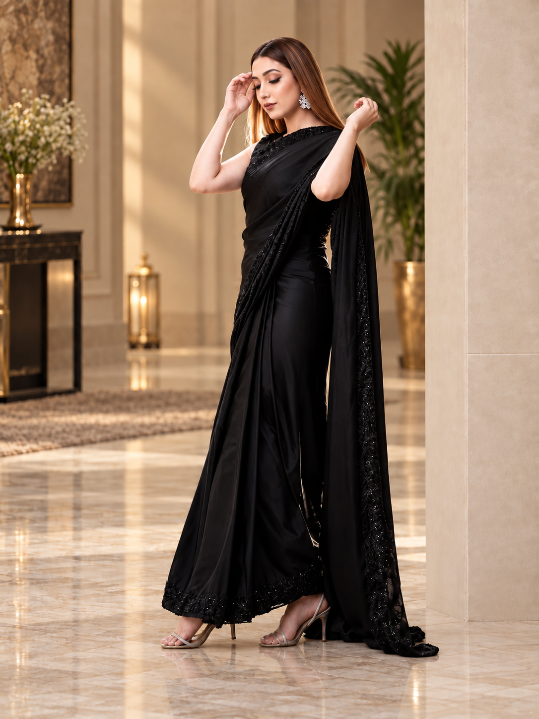 Black Silk Saree With Sequin Blouse & Borders