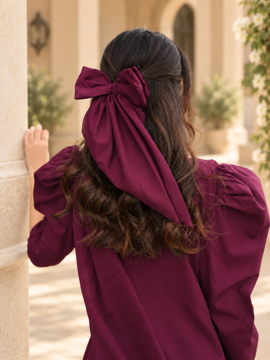 Women’s Maroon Dress With Bow & Bag (05 Piece)