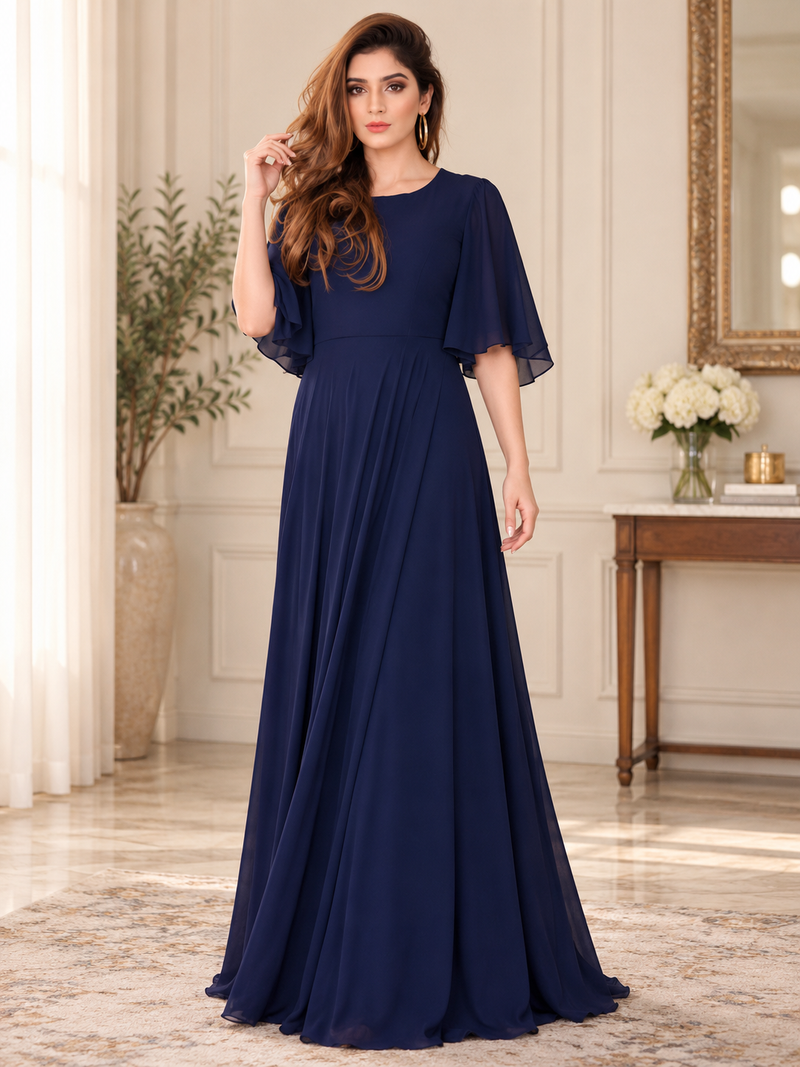 Blue Chiffon Frill Maxi
