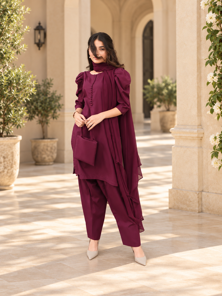 Women’s Maroon Dress With Bow & Bag (05 Piece)