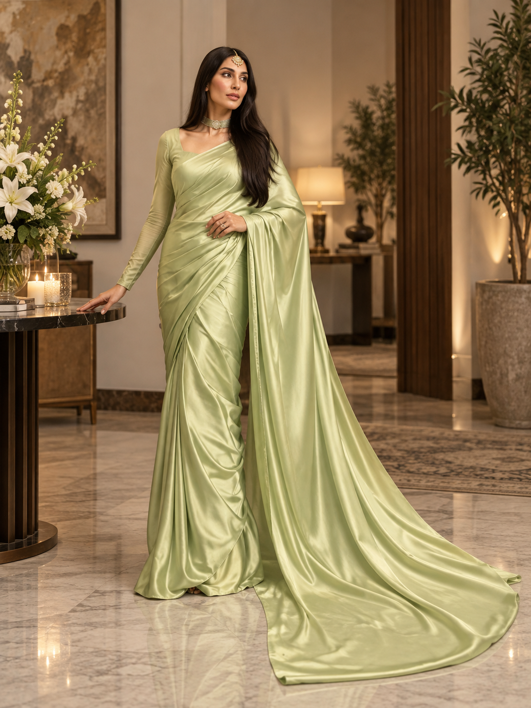 Pistachio Silk Saree With Long Pallu