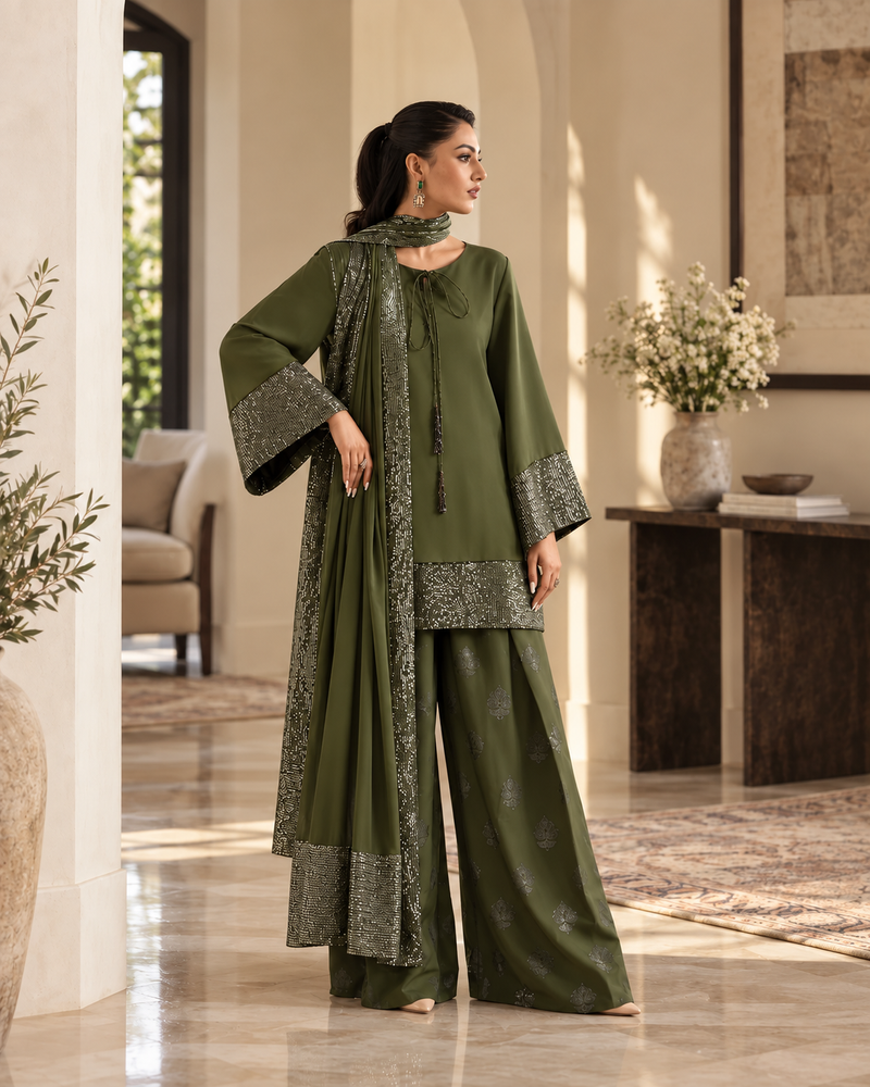 Women’s Green Silk & Sequin Farshi Dress (03 Piece)