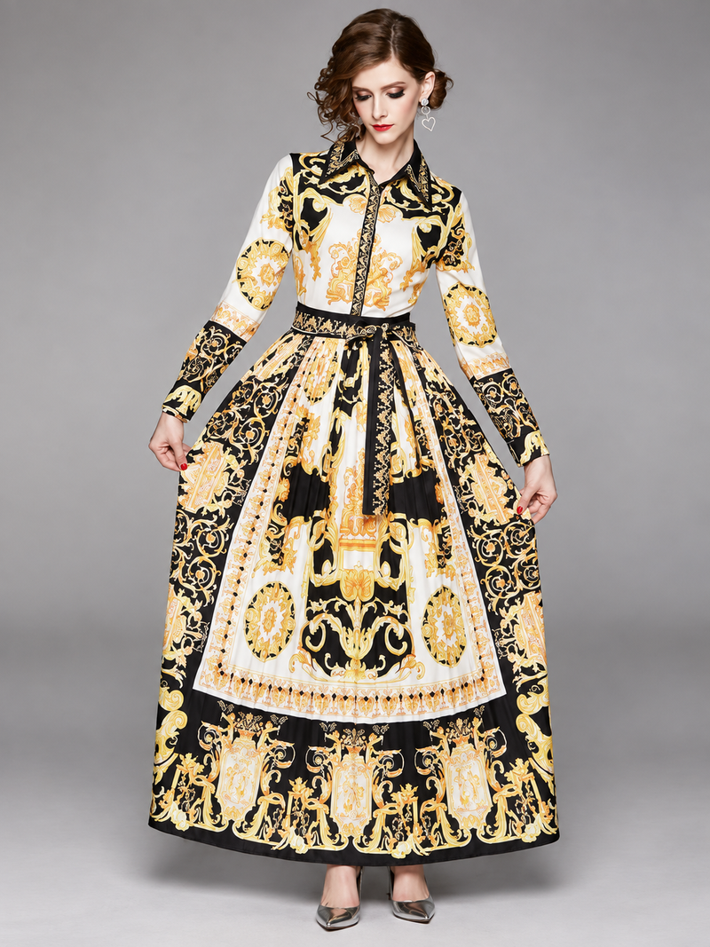 Women’s Vintage Print Collar Tie Maxi