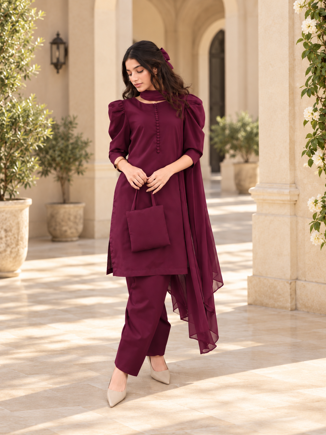 Women’s Maroon Dress With Bow & Bag (05 Piece)