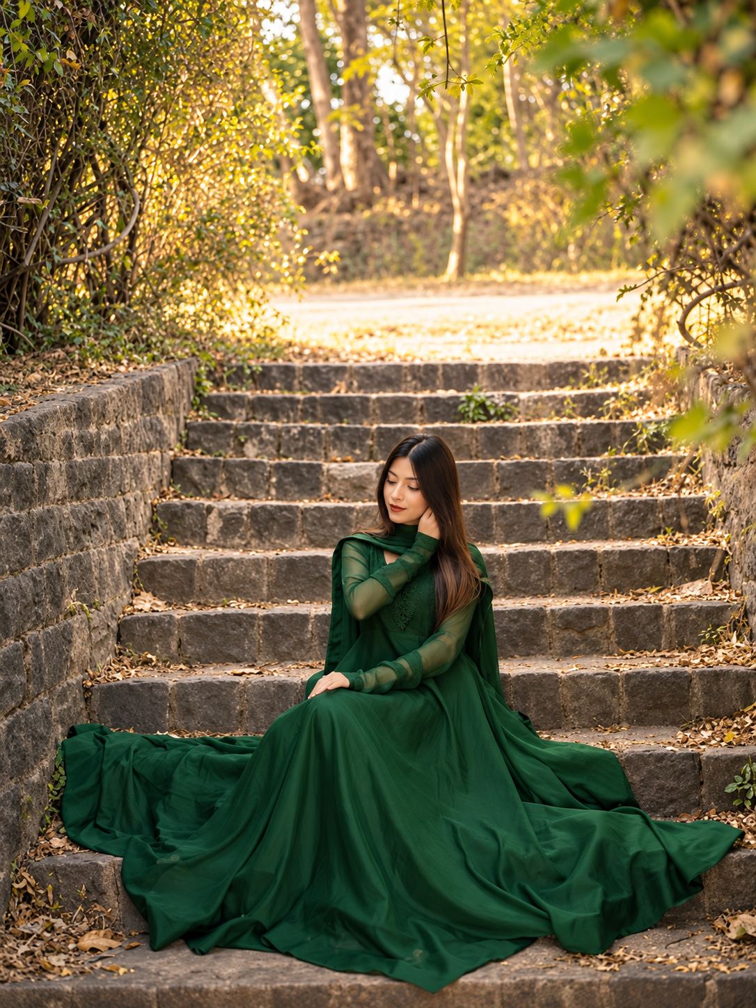 Bottle Green Heavy Flare Maxi With Dupatta