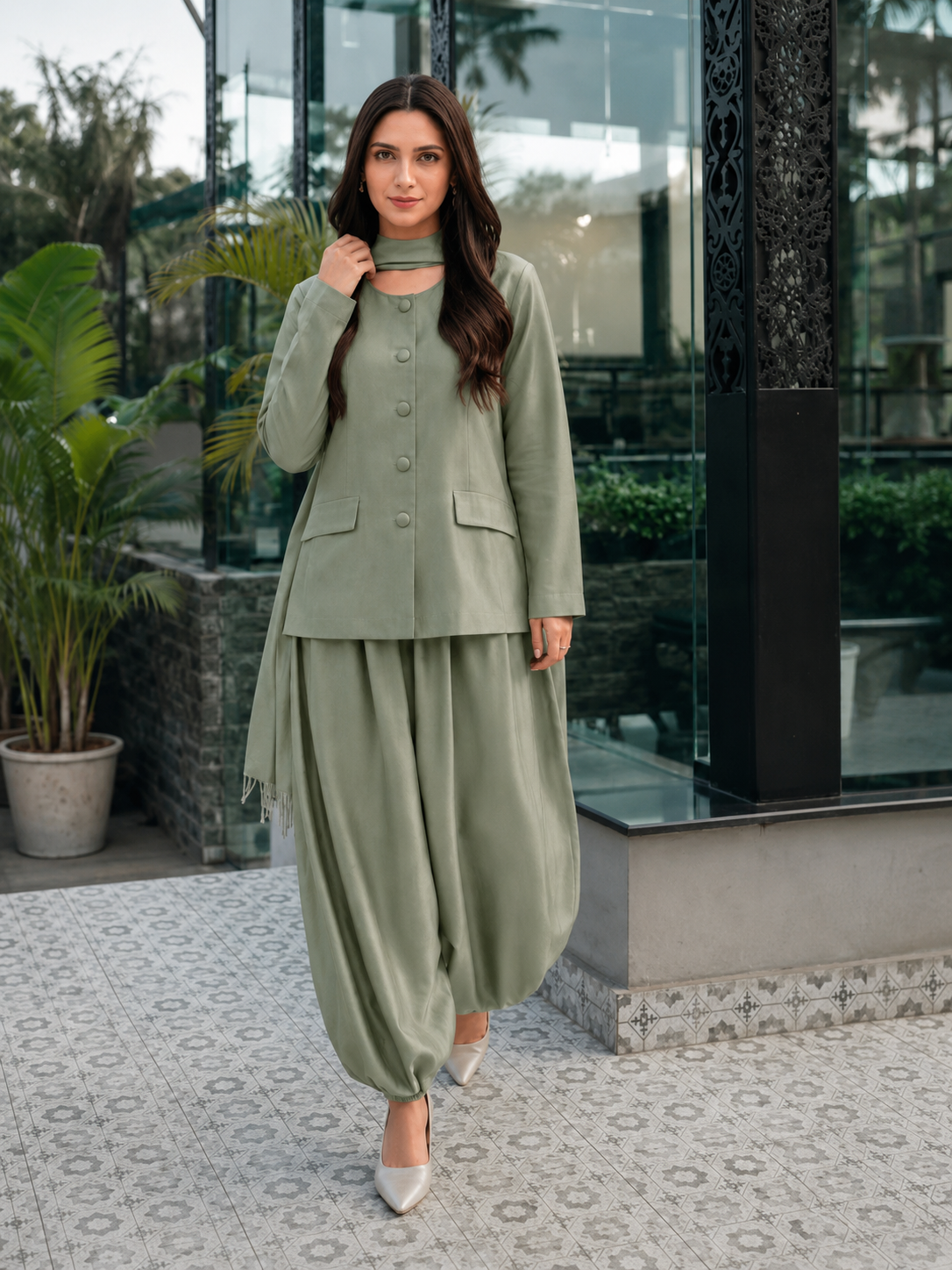 Grey Green Balzer Balloon Pant Set With Dupatta