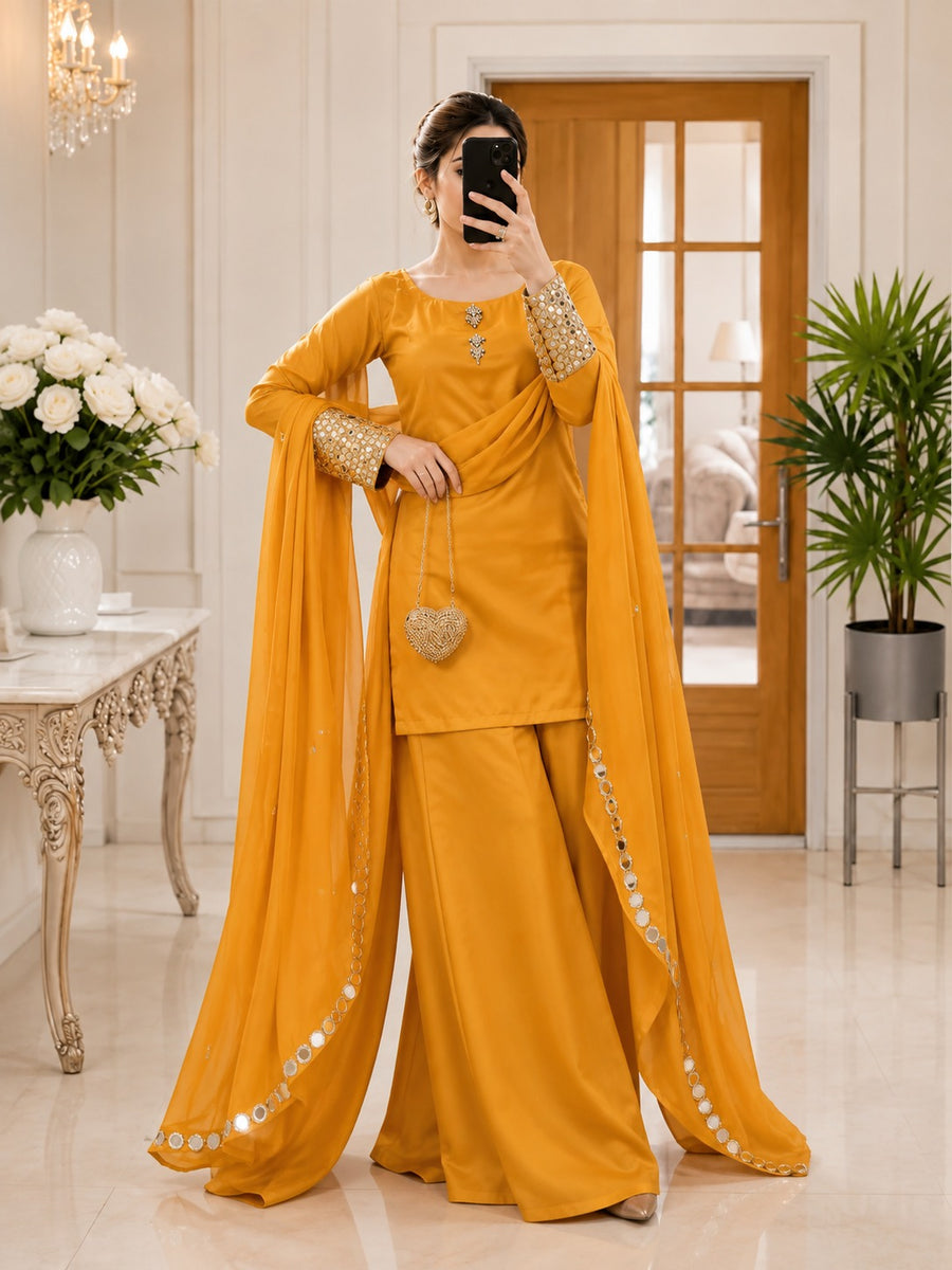 Mustard Dress Draped In Sequin