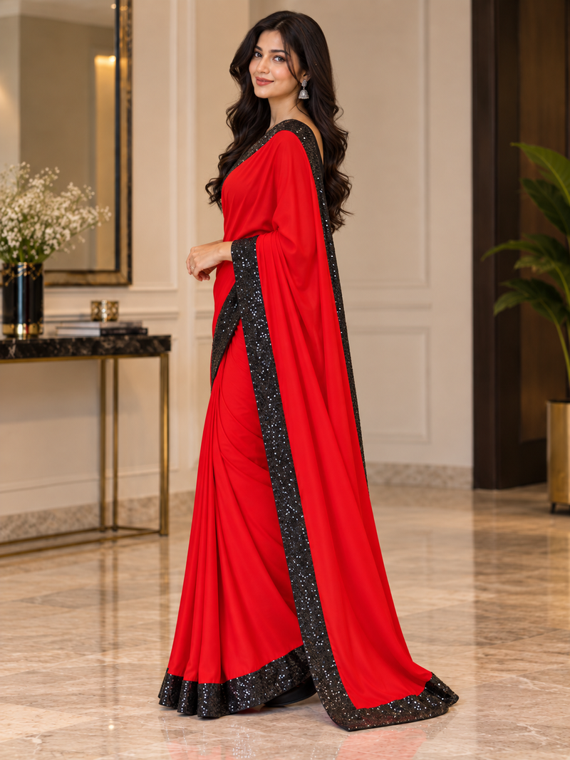 Red Chiffon Saree With Black Sequin Border