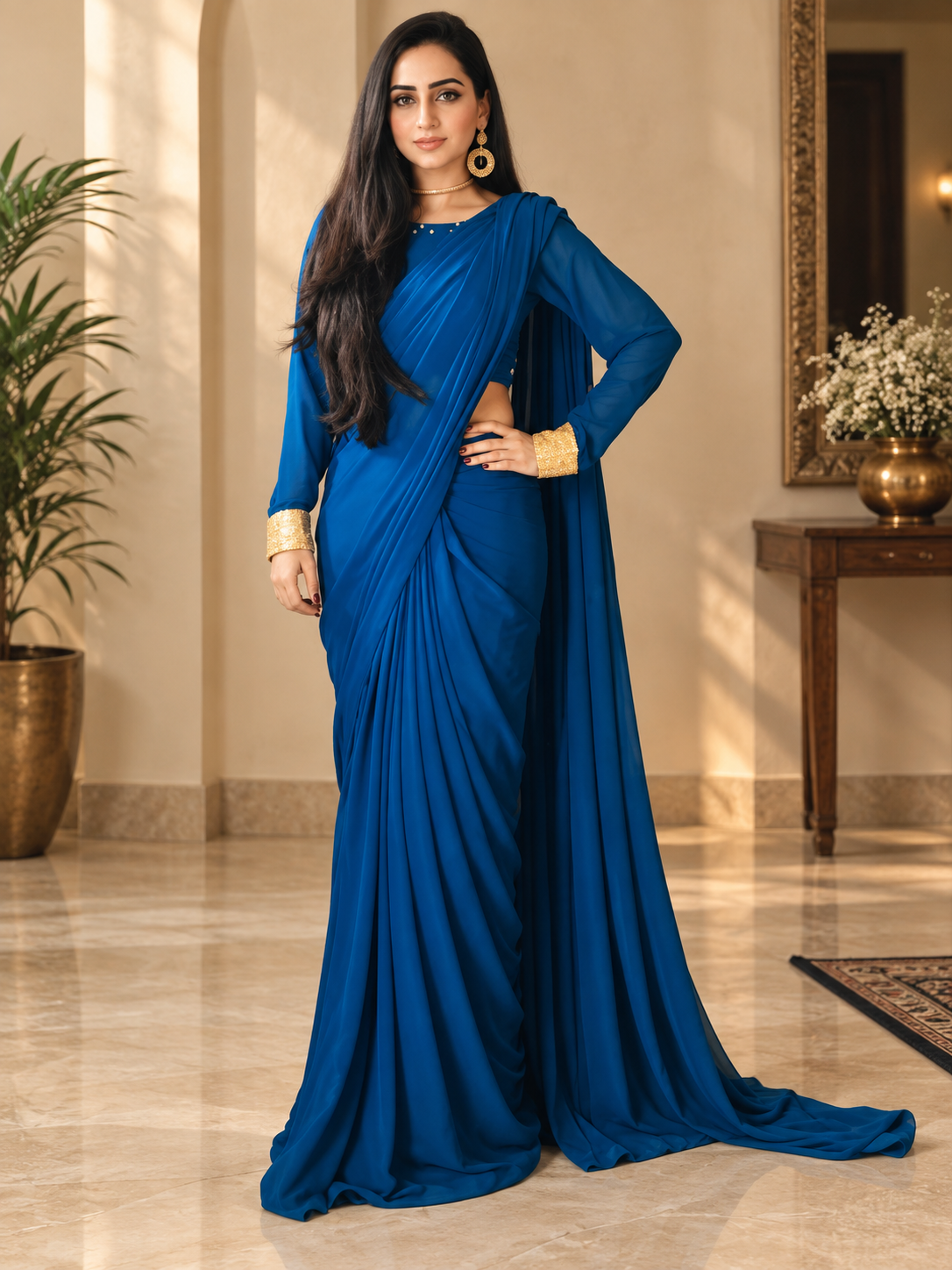 Saphire Blue Chiffon Saree With Golden Sequin Touch