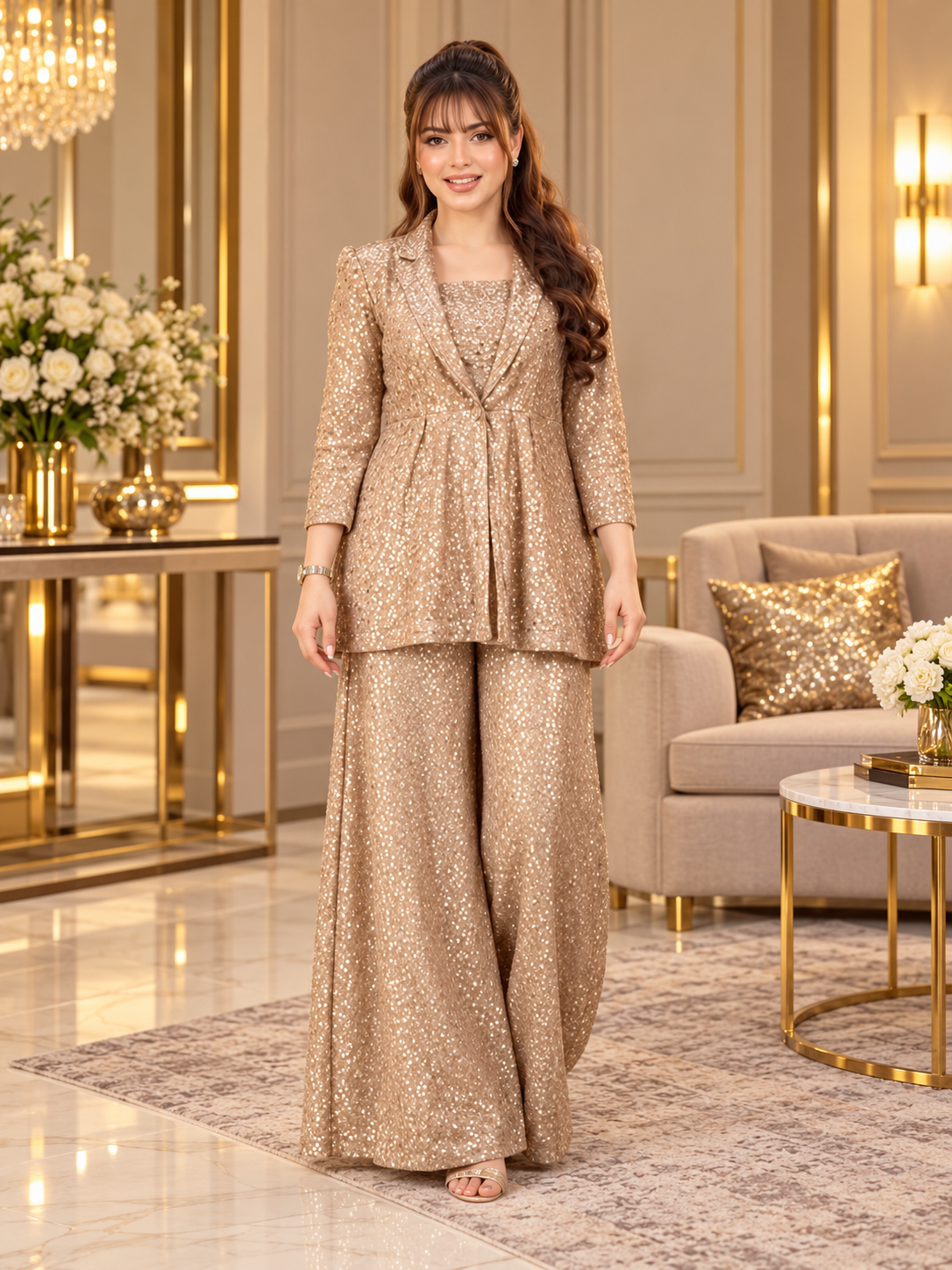 Gold Sequin Blazer & Palazzo Set