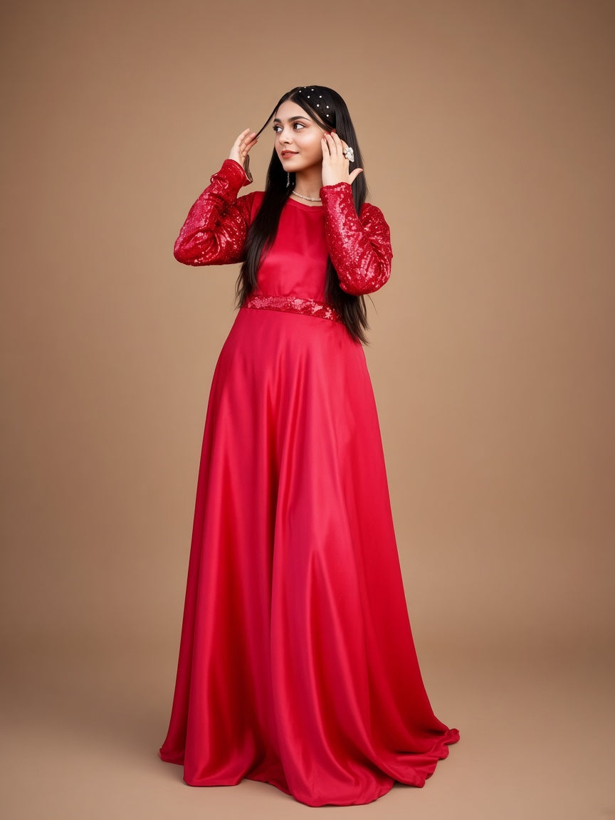 Reddish Maroon Sequin Details Maxi On Silk