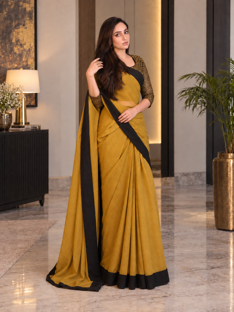 Golden Chiffon Saree With Black Contrast & Long Pallu