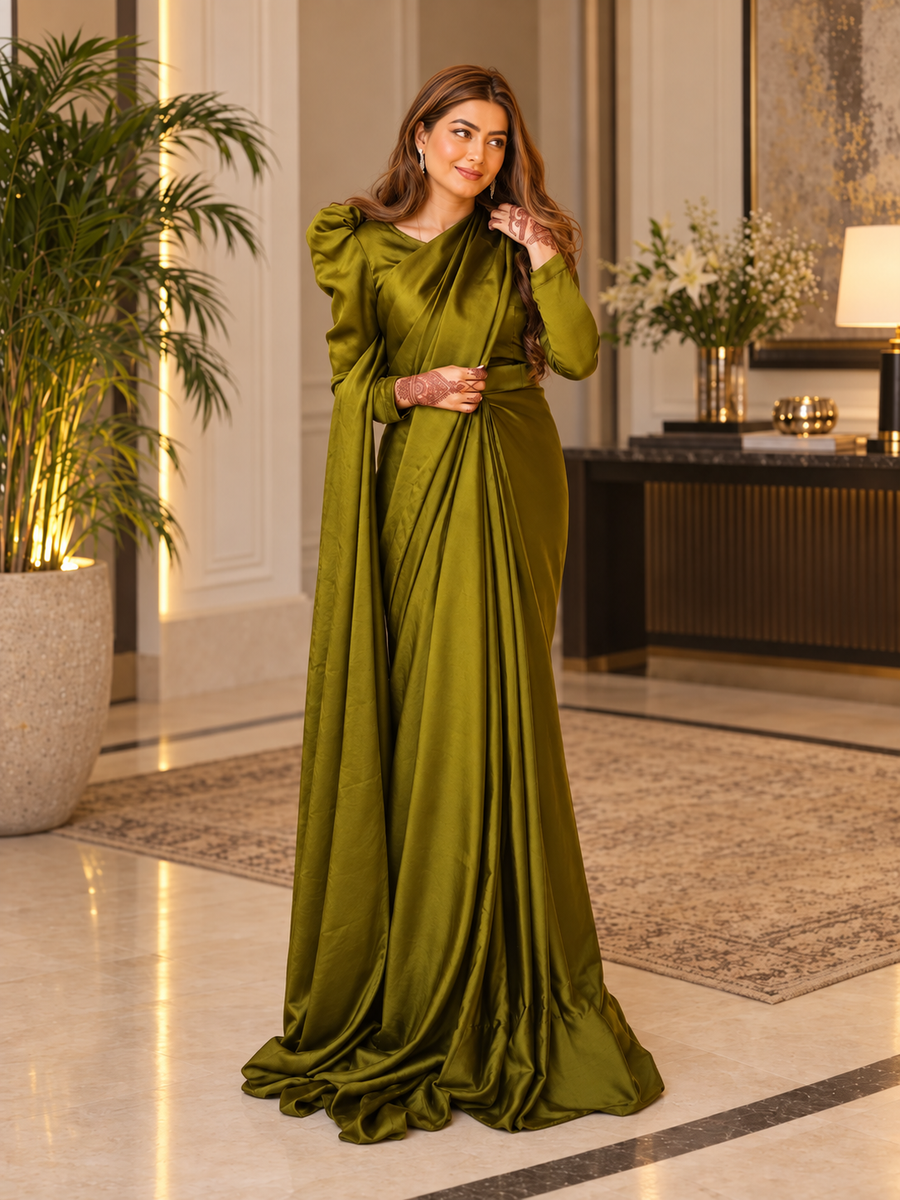 Dhani Silk Saree With Puffy Sleeves