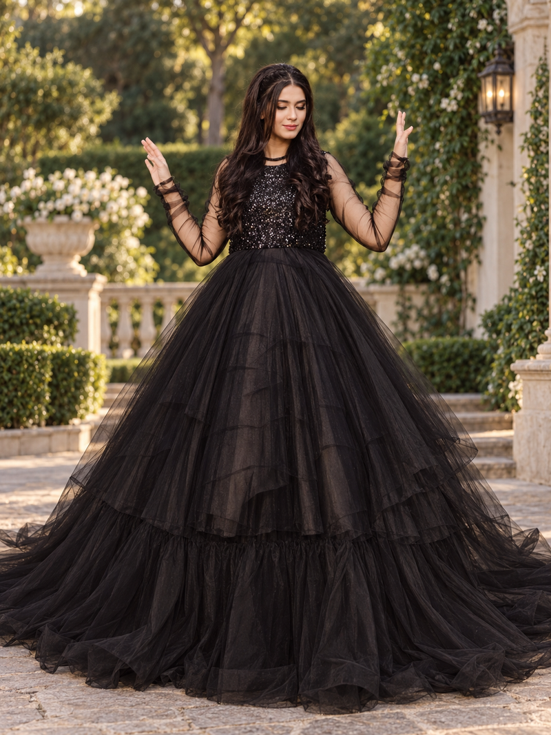 Black Sequin Frill Maxi