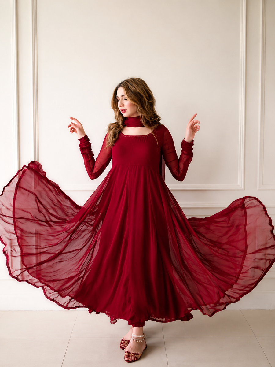 Reddish Maroon Chiffon Maxi With Dupatta