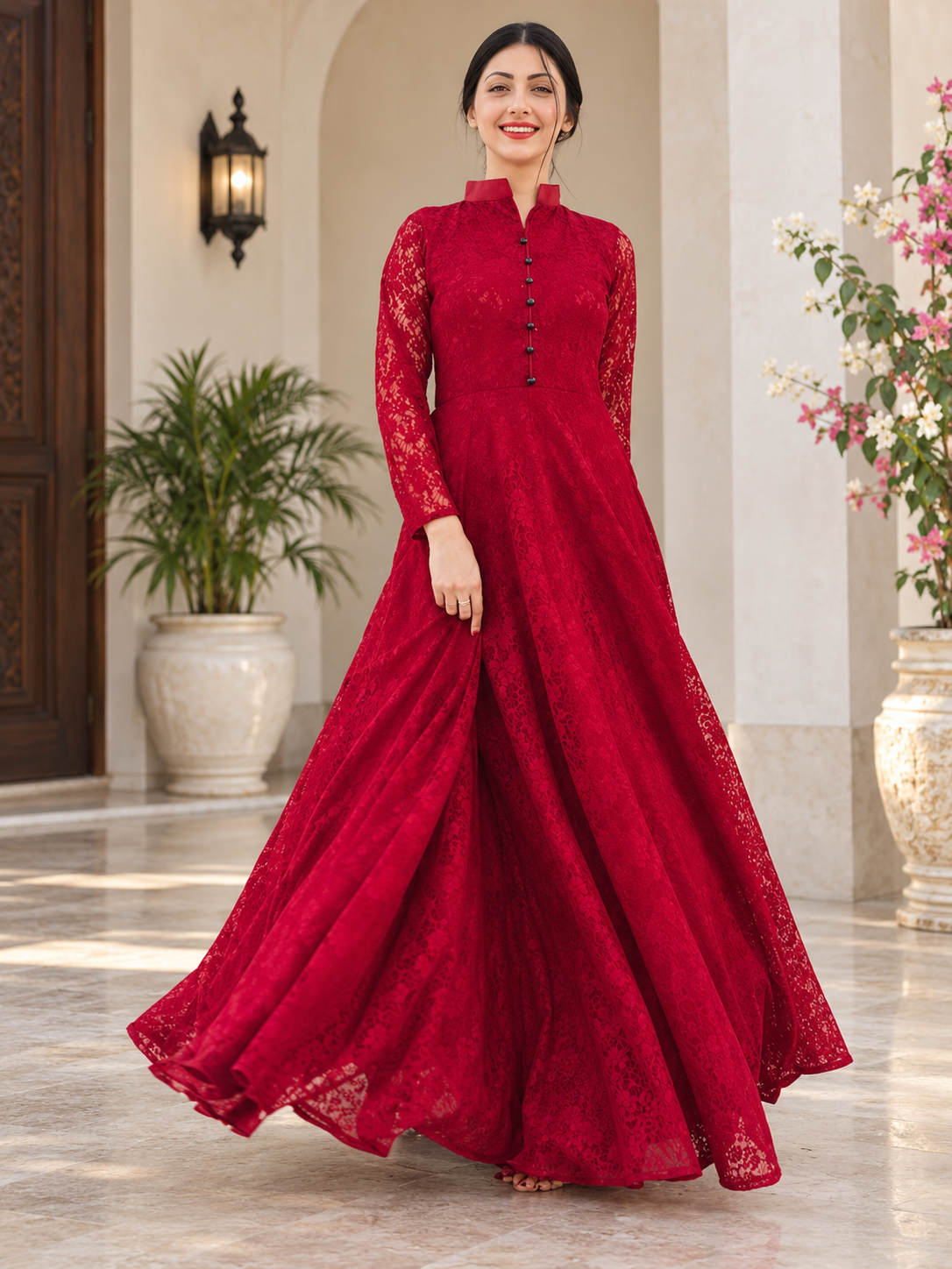 Red Front Button Net Maxi