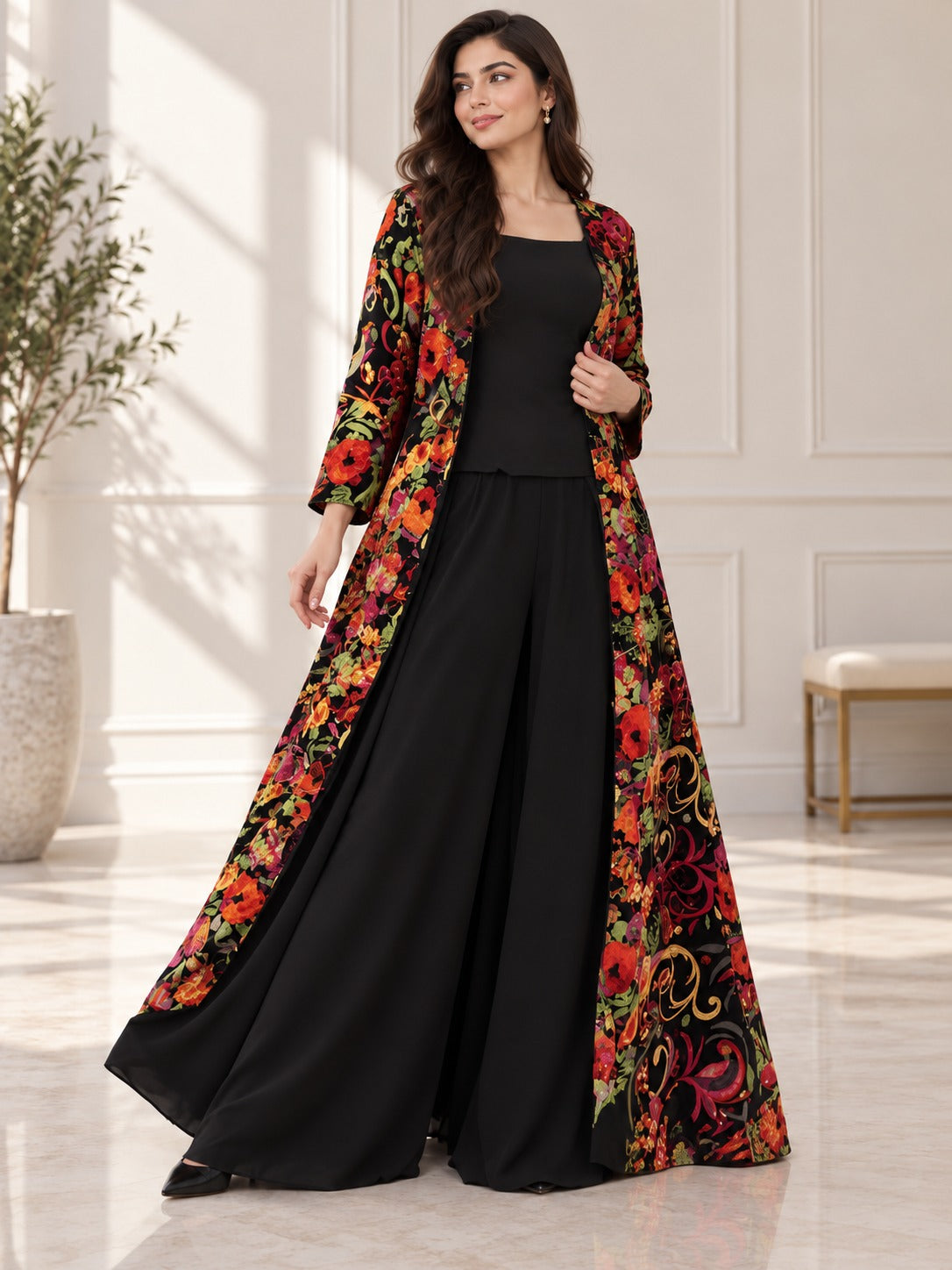 Black Jumpsuit With Floral Gown