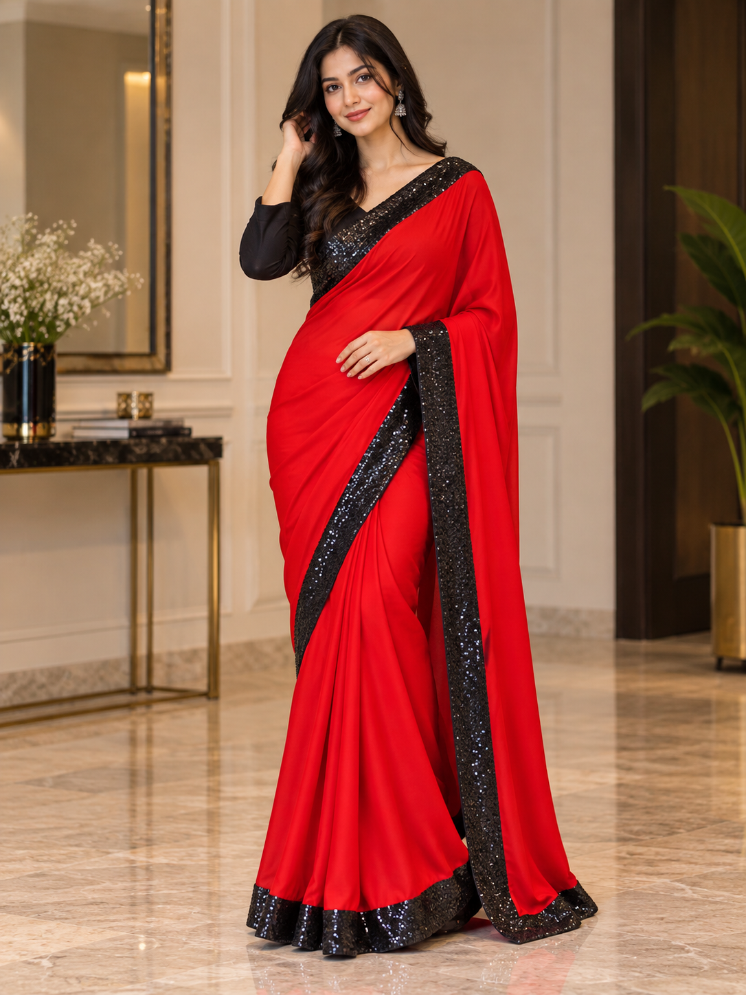 Red Chiffon Saree With Black Sequin Border