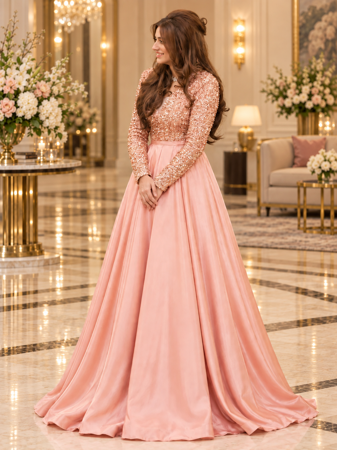 Peach Sequin & Silk Maxi