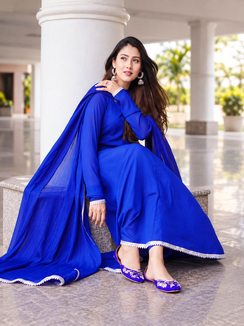 Blue Chiffon Maxi Dupatta With Silver Detailing