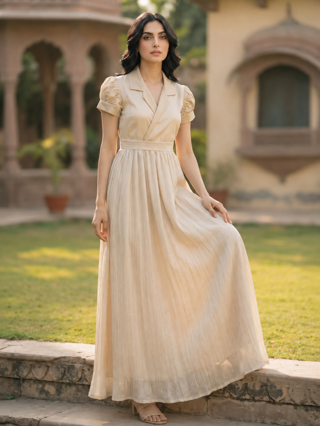 Beige Platted Coat Collar Style Maxi
