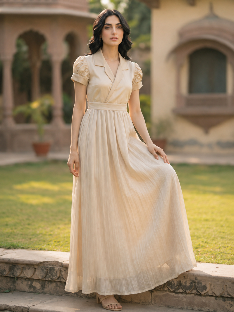 Beige Platted Coat Collar Style Maxi