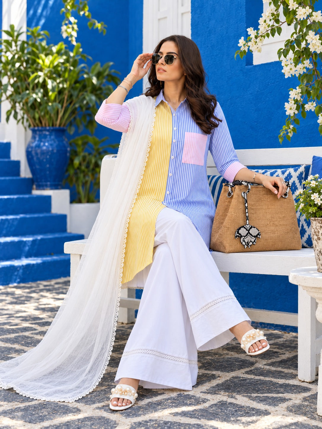 Multi Stripes Shirt With Plazo & Dupatta