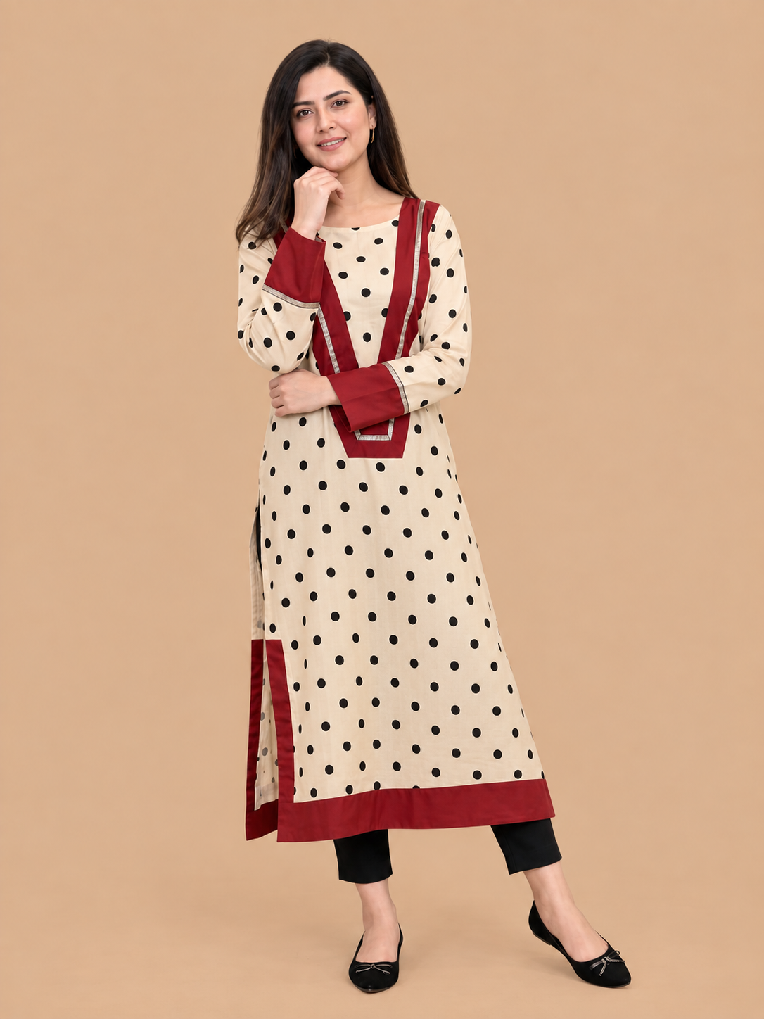 Polka Long Shirt With Red Detailing