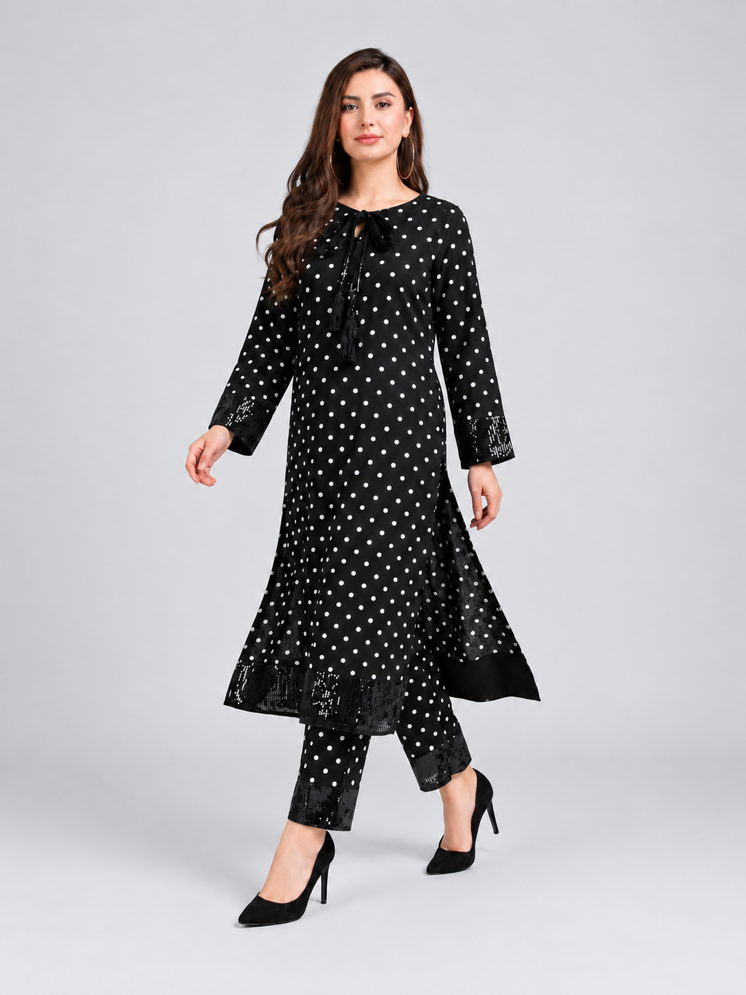 Women’s Sparkle Black Polka Dot Dress (02 Piece)