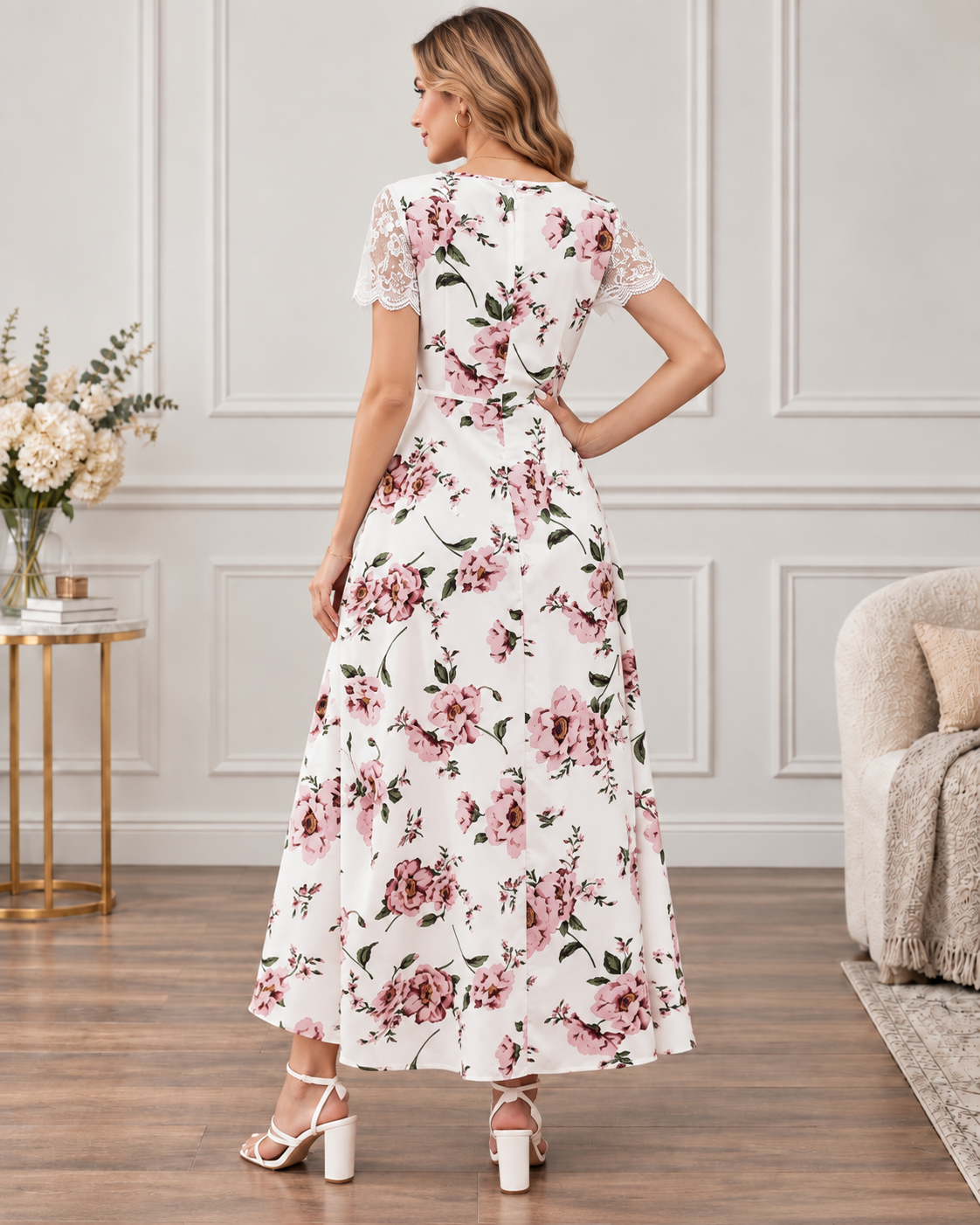 Women’s Floral Print Short Sleeves Maxi