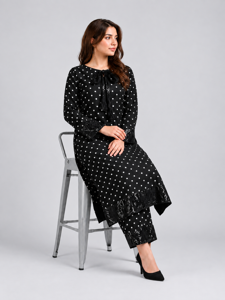 Women’s Sparkle Black Polka Dot Dress (02 Piece)